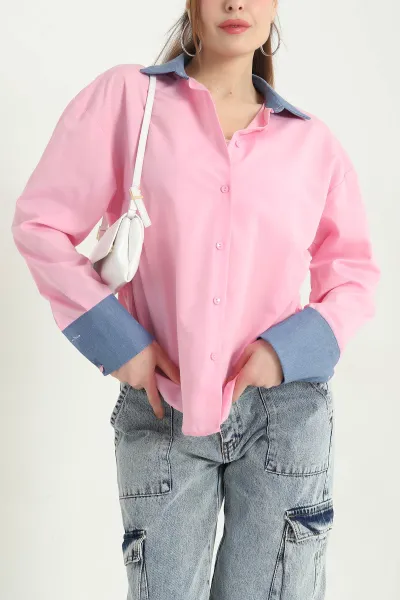 Pembe Kol ve Yaka Detay Kadın Poplin Gömlek 342855