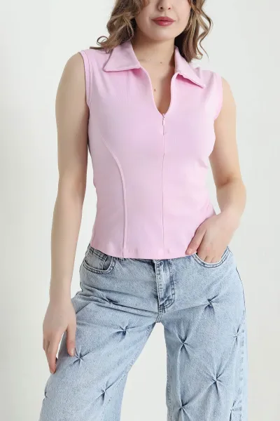 Pembe Kolsuz Fermuarlı Yaka İnterlok Kadın Bluz 441175