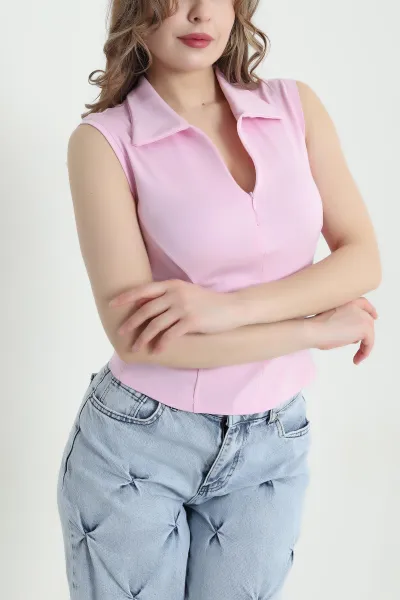 Pembe Kolsuz Fermuarlı Yaka İnterlok Kadın Bluz 441175