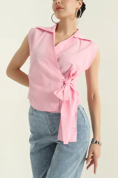 Pembe Kolsuz Poplin Kadın Gömlek 372053