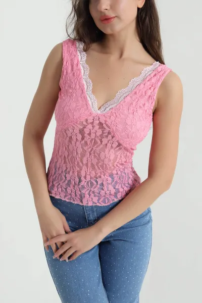 Pembe Kolsuz Tül Kadın Bluz 461803