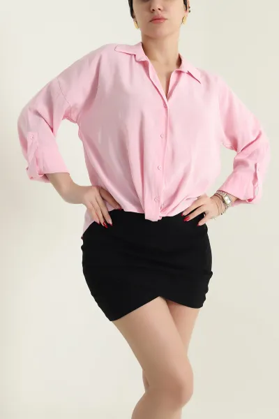 Pembe Kolu Katlamalı İthal Modal Kadın Gömlek 436794