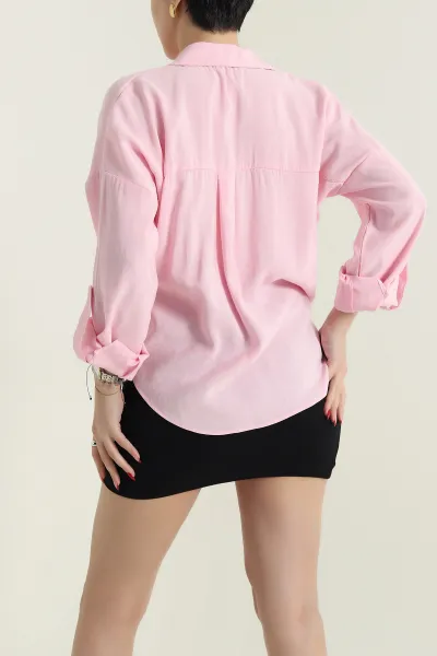 Pembe Kolu Katlamalı İthal Modal Kadın Gömlek 436794