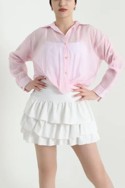 Pembe Kolu Katlamalı Tensel Kadın Gömlek Bluz 451132