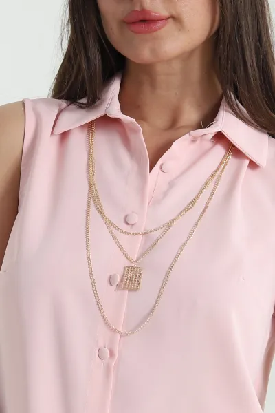 Pembe Kolye Detay Düğmeli Jessica Kadın Bluz 459480