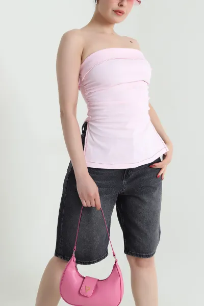 Pembe Kot Straplez Kadın Bluz 467709
