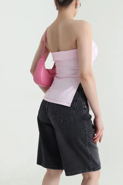 Pembe Kot Straplez Kadın Bluz 467709