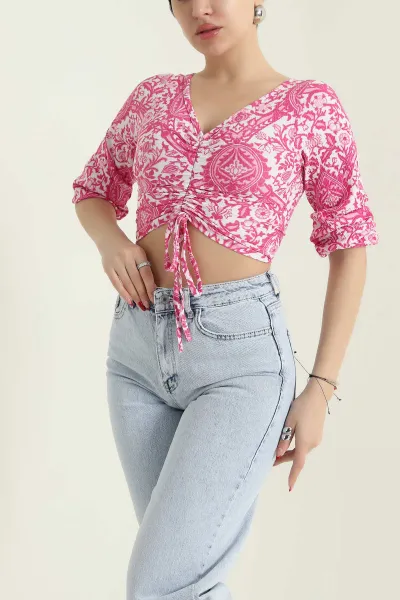 Pembe Krinkıl Büzgülü  Desenli Kadın Bluz 437888
