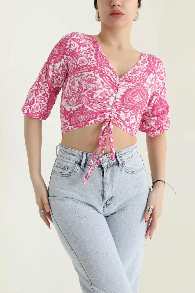 Pembe Krinkıl Büzgülü  Desenli Kadın Bluz 437888