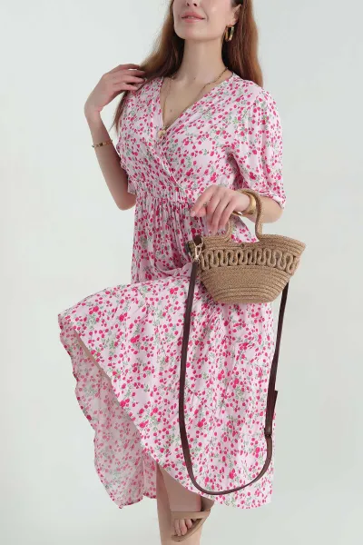 Pembe Kruvaze Yaka Desenli Dokuma Kadın Elbise 366695