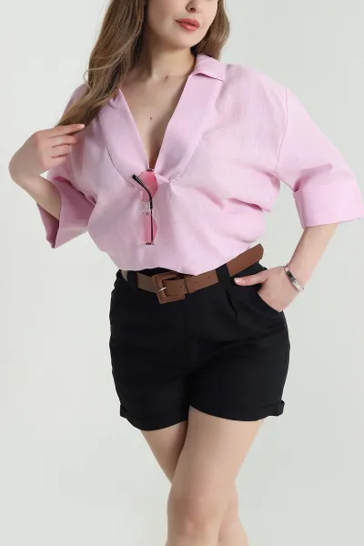 Pembe Kruvaze Yaka Fakir Kol Fres Keten Kadın Bluz 464730