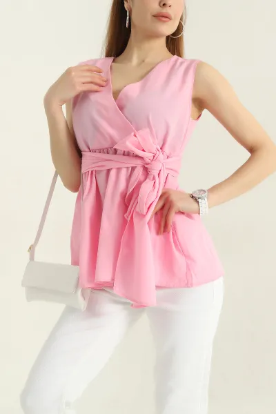 Pembe Kruvaze Yaka Poplin Bluz 360868