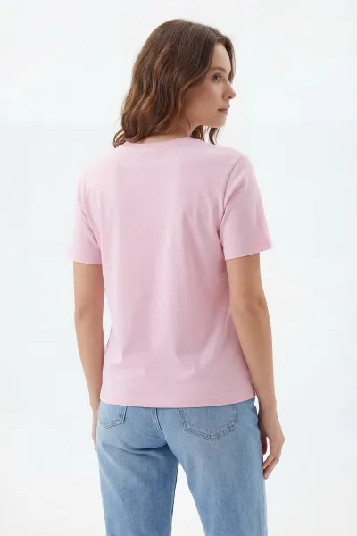 Pembe Kurdelalı Nakışlı Kompak Kadın Tişört 427467