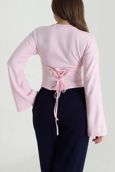 Pembe Kuş Gözü Bağcıklı Modal Kadın Bluz 494842