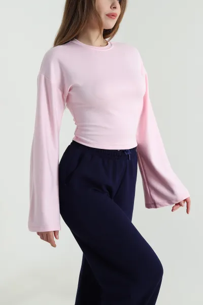Pembe Kuş Gözü Bağcıklı Modal Kadın Bluz 494842