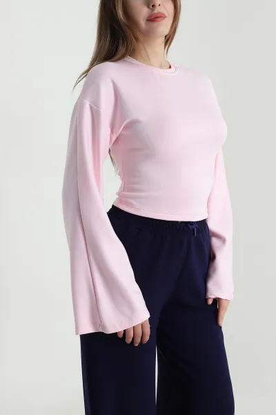 Pembe Kuş Gözü Bağcıklı Modal Kadın Bluz 494842