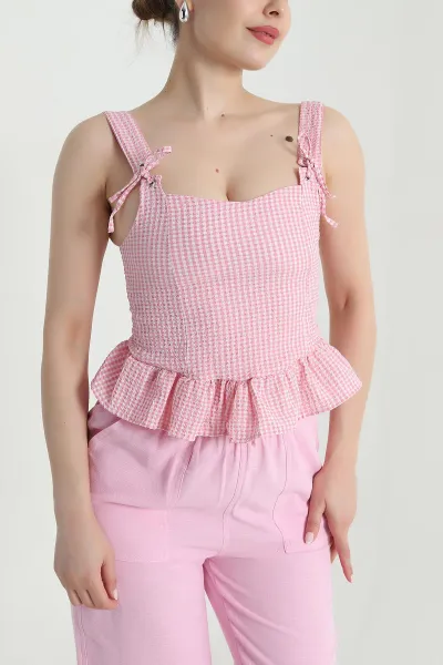 Pembe Kuş Gözü Detay Gofre Kadın Bluz 471243