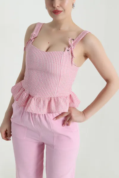 Pembe Kuş Gözü Detay Gofre Kadın Bluz 471243