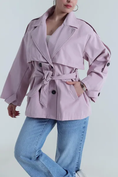 Pembe Kuşaklı Tasarım Kadın Ara Boy Trençkot 487235