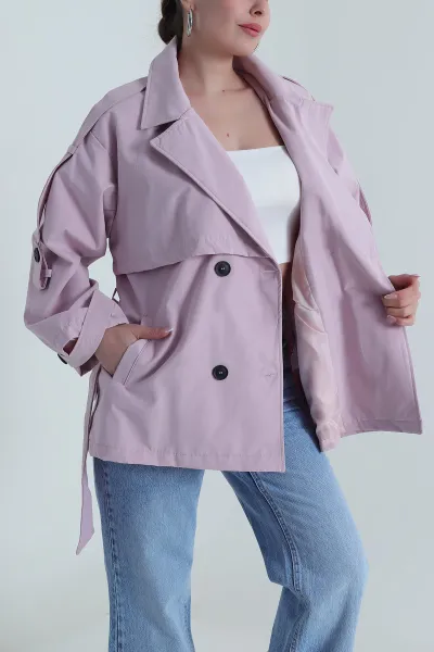 Pembe Kuşaklı Tasarım Kadın Ara Boy Trençkot 487235
