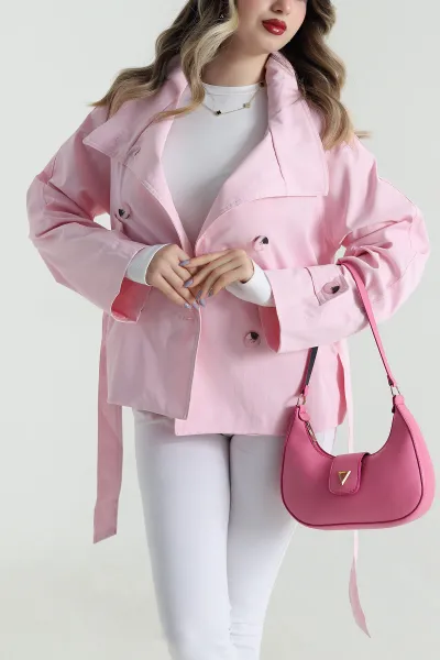 Pembe Kuşaklı Yeni Sezon Kadın Trençkot 496452