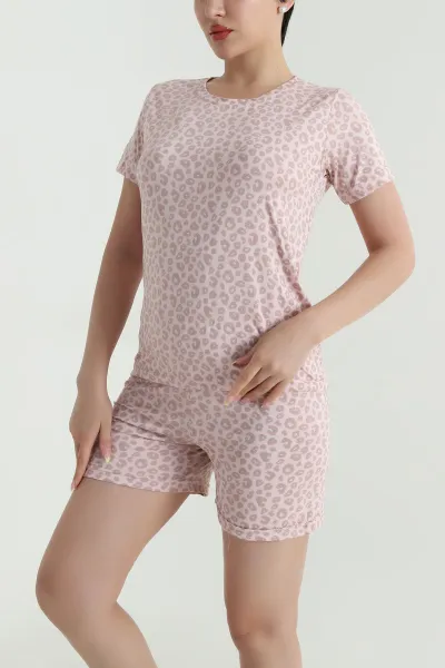 Pembe Leopar Desenli Kadın Şortlu Pijama Takım 466509