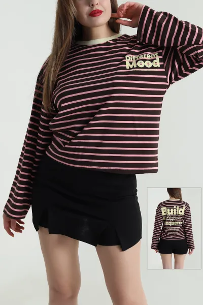 Pembe Likralı Baskılı Kadın Sweat 494457