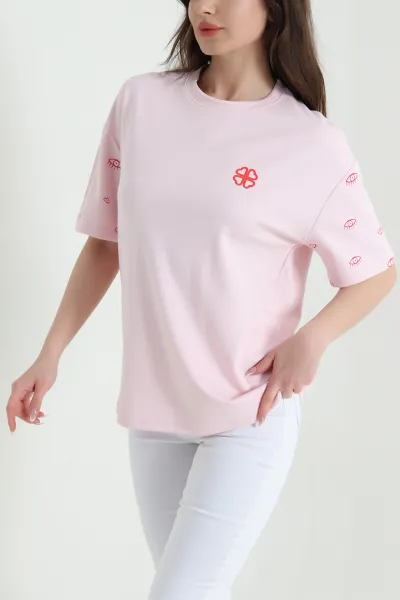 Pembe Likralı Baskılı Modal Kadın Tişört 454107