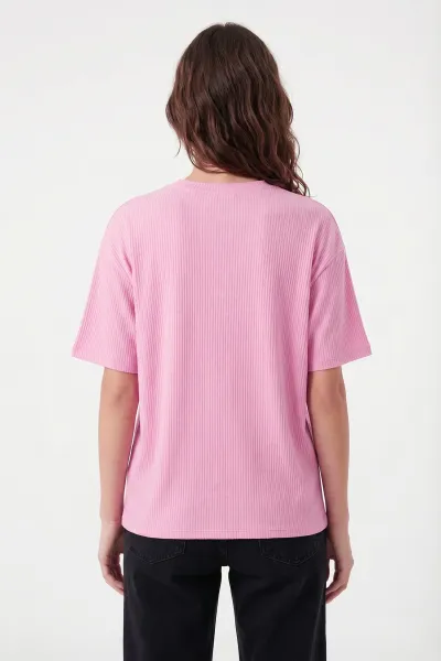 Pembe Likralı Bisiklet Yaka Kadın Bluz 449256