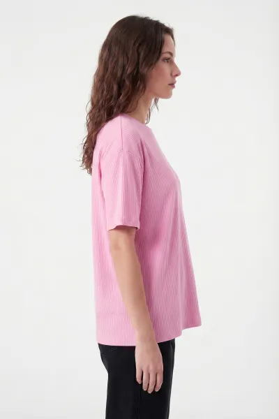 Pembe Likralı Bisiklet Yaka Kadın Bluz 449256