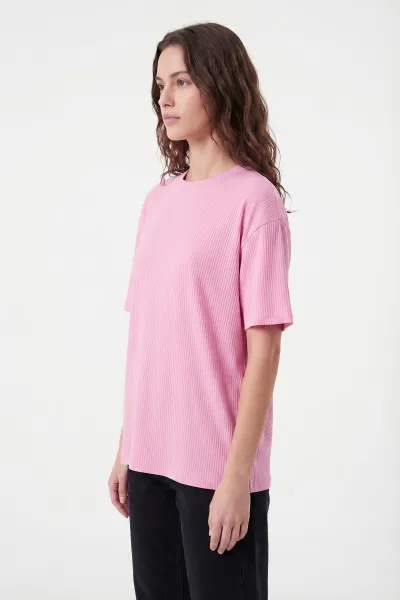 Pembe Likralı Bisiklet Yaka Kadın Bluz 449256