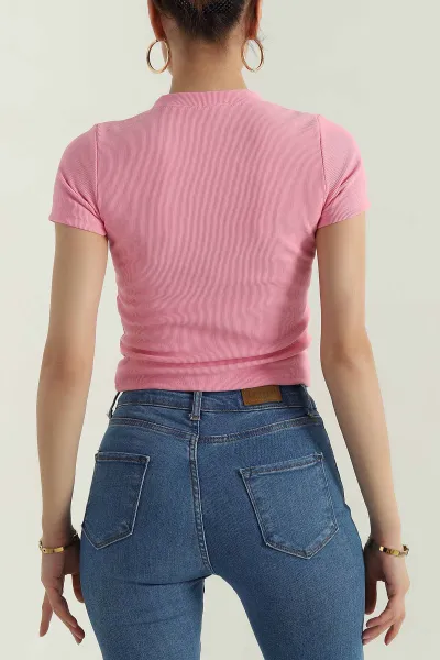 Pembe Likralı Bisiklet Yaka Ottoman Kadın Tişört 379691