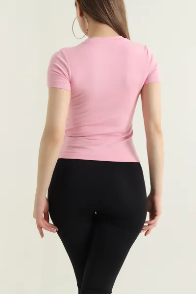 Pembe Likralı Bisiklet Yaka Pamuk Kadın Bluz 433682