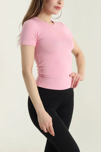 Pembe Likralı Bisiklet Yaka Pamuk Kadın Bluz 433682