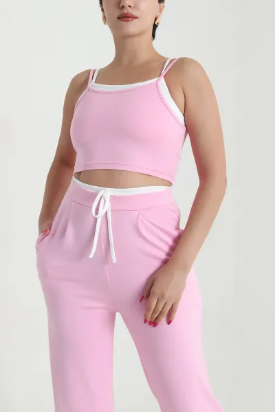 Pembe Likralı Cepli Crop Pantolon Modal İkili Takım 477805