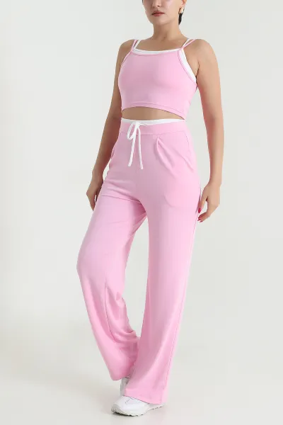 Pembe Likralı Cepli Crop Pantolon Modal İkili Takım 477805