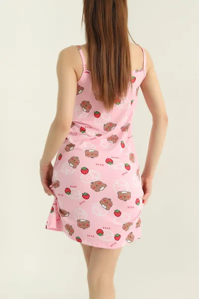 Pembe Likralı Desenli Milan Kadın Elbise Pijama 357194