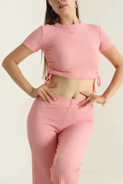 Pembe Likralı Gofre Bluz Pantolon Kadın İkili Takım 374965