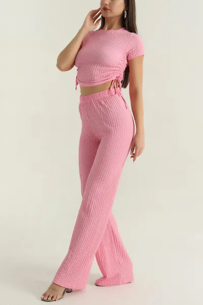 Pembe Likralı Gofre Kadın İkili Takım 378126