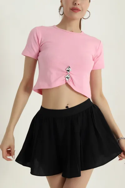 Pembe Likralı İnterlok Kadın Crop Bluz 378664