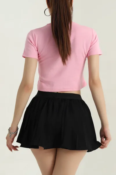 Pembe Likralı İnterlok Kadın Crop Bluz 378664