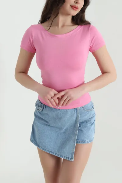Pembe Likralı Kayık Yaka Oysho Kadın Bluz 454067