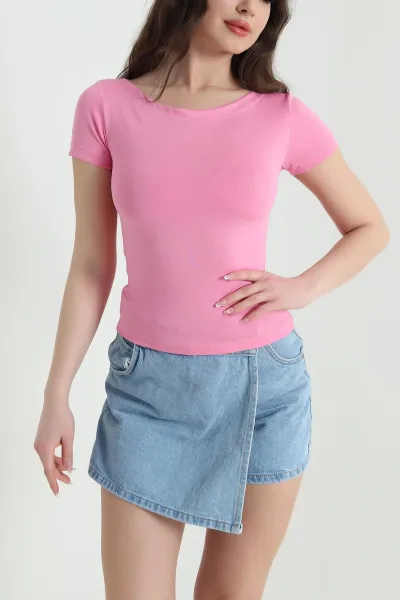 Pembe Likralı Kayık Yaka Oysho Kadın Bluz 454067