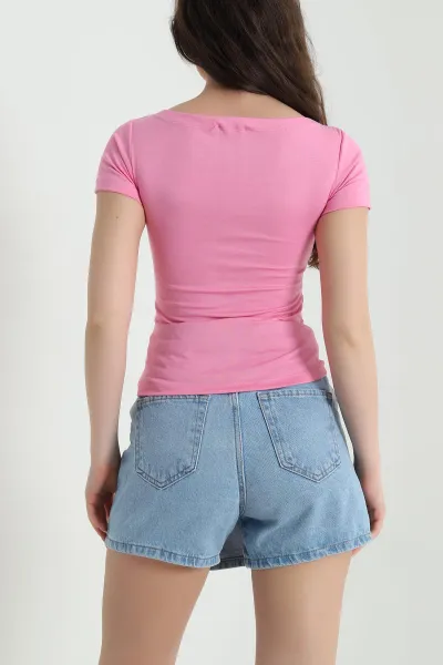 Pembe Likralı Kayık Yaka Oysho Kadın Bluz 454067