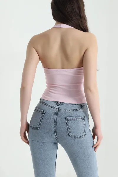 Pembe Likralı Kolsuz Kadın Bluz 452599