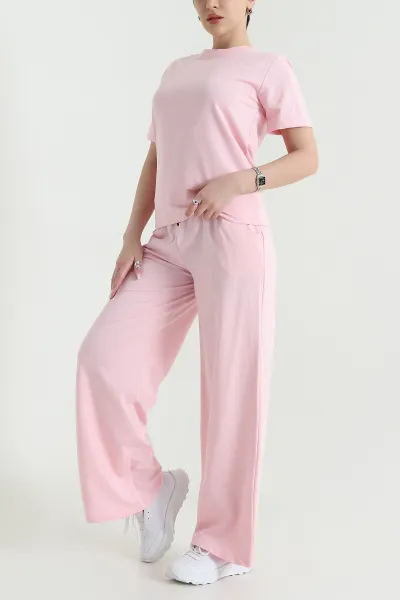 Pembe Likralı Kristal Bisiklet Yaka Kadın İkili Takım 443831