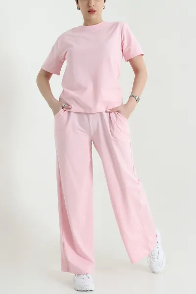 Pembe Likralı Kristal Bisiklet Yaka Kadın İkili Takım 443831