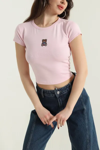Pembe Likralı Nakışlı Ribana Kadın Tişört 437247