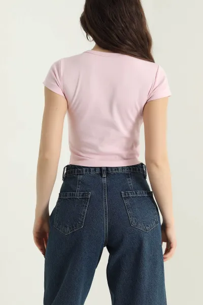 Pembe Likralı Nakışlı Ribana Kadın Tişört 437247