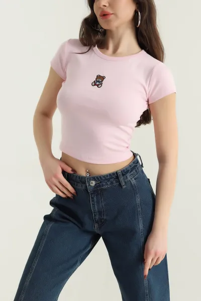 Pembe Likralı Nakışlı Ribana Kadın Tişört 437247